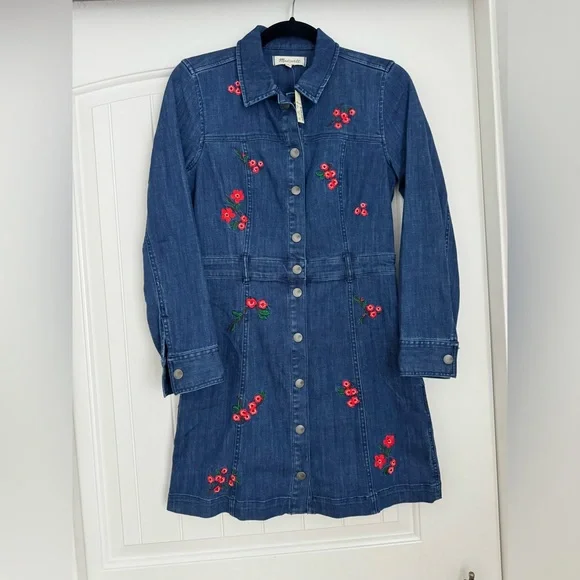 Madewell Embroidered Floral Denim Shirt Dress 2 NWT Pockets - Picture 3 of 12